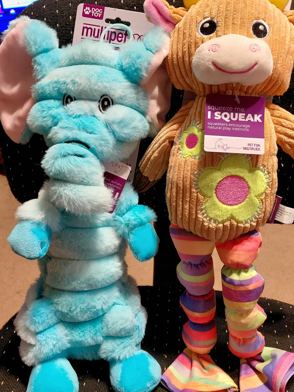 Multipet International Squeeky Dog Toy Lot Blue Elephant & Rainbow Cow Large New